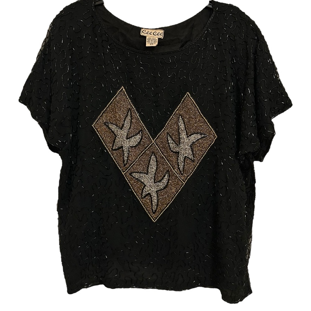 CEECEE Vintage Black Short Sleeve Beaded Silk Blouse 24